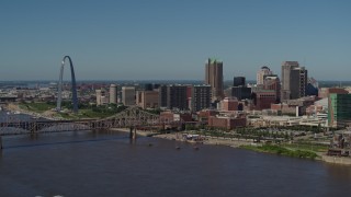 DX0001_000605 - 5.7K aerial stock footage of a slow approach to Downtown St. Louis, Missouri skyline from the Mississippi River