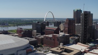 DX0001_000618 - 5.7K aerial stock footage ascend with a view of the Gateway Arch and buildings in Downtown St. Louis, Missouri