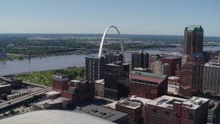 DX0001_000620 - 5.7K aerial stock footage of the Mississippi River, the Arch and Downtown St. Louis, Missouri