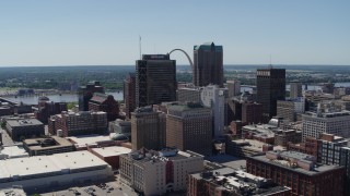 DX0001_000622 - 5.7K aerial stock footage of a reverse view of the Gateway Arch and high-rises in Downtown St. Louis, Missouri