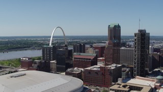 DX0001_000628 - 5.7K aerial stock footage top of Gateway Arch and downtown buildings seen from the stadium in Downtown St. Louis, Missouri