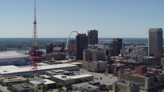 DX0001_000630 - 5.7K aerial stock footage a view of Downtown St. Louis, Missouri, revealing a radio tower