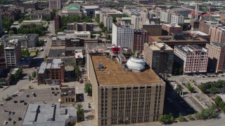 DX0001_000631 - 5.7K aerial stock footage approach the rooftop of City Museum in Downtown St. Louis, Missouri