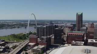 DX0001_000635 - 5.7K aerial stock footage of the Gateway Arch, the river and office buildings in Downtown St. Louis, Missouri