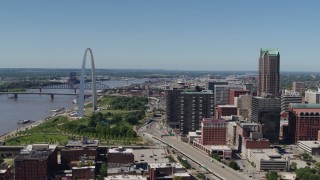DX0001_000636 - 5.7K aerial stock footage I-44 between Gateway Arch and office buildings in Downtown St. Louis, Missouri