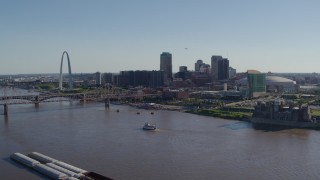 DX0001_000646 - 5.7K aerial stock footage flying away from the Arch, Downtown St. Louis, Missouri, and the Mississippi River