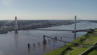DX0001_000647 - 5.7K aerial stock footage of approaching the Stan Musail Veterans Memorial Bridge and Mississippi River in St. Louis, Missouri