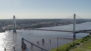 DX0001_000648 - 5.7K aerial stock footage of the Stan Musail Veterans Memorial Bridge in St. Louis, Missouri