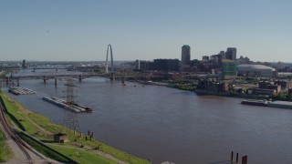 DX0001_000649 - 5.7K aerial stock footage approach the river and bridge near Gateway Arch, Downtown St. Louis, Missouri
