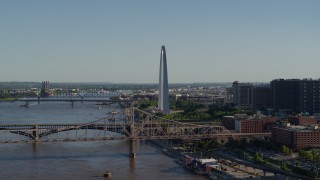 DX0001_000657 - 5.7K aerial stock footage of the Gateway Arch between bridges in Downtown St. Louis, Missouri