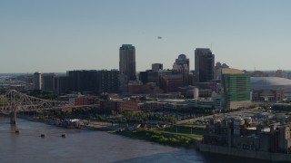 DX0001_000659 - 5.7K aerial stock footage flying away from downtown to reveal the Gateway Arch in Downtown St. Louis, Missouri