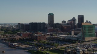 DX0001_000663 - 5.7K aerial stock footage a slow approach to hotel casino and the skyline of Downtown St. Louis, Missouri