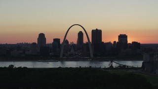DX0001_000738 - 5.7K stock footage aerial video of Downtown St. Louis, Missouri at sunset, seen from Illinois