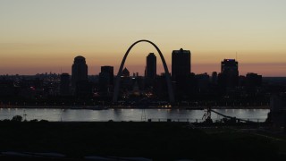 DX0001_000769 - 5.7K aerial stock footage slow pass of the Downtown St. Louis, Missouri skyline at twilight