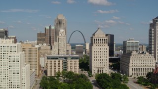 DX0001_000785 - 5.7K aerial stock footage approach courthouse tower and Gateway Arch in Downtown St. Louis, Missouri
