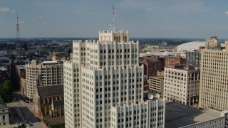 DX0001_000790 - 5.7K aerial stock footage reverse and stationary view of the Park Pacific apartment building in Downtown St. Louis, Missouri
