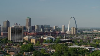 DX0001_000810 - 5.7K aerial stock footage of office building and stadium near the Gateway Arch in Downtown St. Louis, Missouri