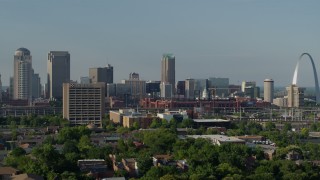 DX0001_000811 - 5.7K aerial stock footage a view of office building, stadium and Gateway Arch in Downtown St. Louis, Missouri