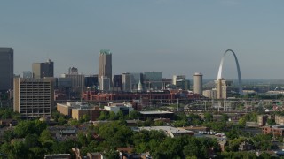 DX0001_000815 - 5.7K aerial stock footage of an office building and stadium near the Gateway Arch in Downtown St. Louis, Missouri