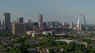 DX0001_000816 - 5.7K aerial stock footage of the stadium and office building near the Gateway Arch in Downtown St. Louis, Missouri
