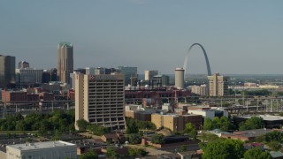 DX0001_000817 - 5.7K aerial stock footage fly away from office building and by stadium near Gateway Arch in Downtown St. Louis, Missouri