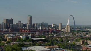 DX0001_000818 - 5.7K aerial stock footage flyby the stadium near the Gateway Arch in Downtown St. Louis, Missouri