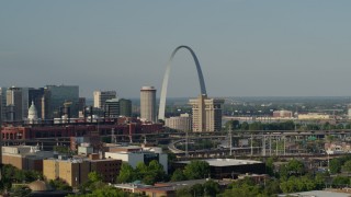 DX0001_000819 - 5.7K aerial stock footage flyby office building with a view to the Gateway Arch in Downtown St. Louis, Missouri