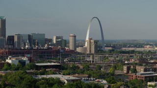 DX0001_000820 - 5.7K aerial stock footage of the Gateway Arch and part of the baseball stadium in Downtown St. Louis, Missouri