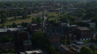 DX0001_000824 - 5.7K aerial stock footage of orbiting a church in St. Louis, Missouri