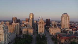 DX0001_000865 - 5.7K aerial stock footage of descending near the courthouses and downtown at sunset, Downtown St. Louis, Missouri