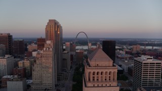 DX0001_000873 - 5.7K aerial stock footage approach downtown courthouse and reveal the Arch at sunset, Downtown St. Louis, Missouri