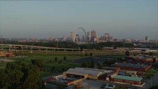 DX0001_000959 - 5.7K aerial stock footage approach I-55 and ascend for view of the Gateway Arch in the morning, Downtown St. Louis, Missouri