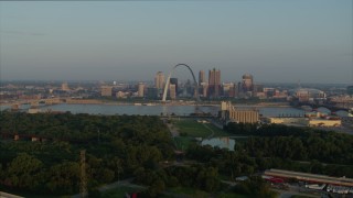 DX0001_000960 - 5.7K aerial stock footage approach park and the Gateway Arch in the morning, Downtown St. Louis, Missouri