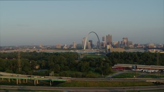 DX0001_000965 - 5.7K aerial stock footage a view of the Gateway Arch from East St. Louis in the morning, Downtown St. Louis, Missouri