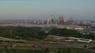 DX0001_000967 - 5.7K aerial stock footage of the Gateway Arch seen from I-55 in East St. Louis in the morning, Downtown St. Louis, Missouri