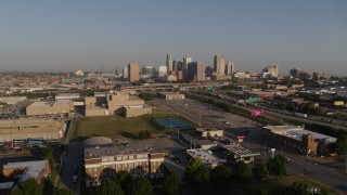 DX0001_001031 - 5.7K aerial stock footage flyby and away from the city skyline, seen from south of I-70 in Downtown Kansas City, Missouri