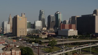 DX0001_001050 - 5.7K aerial stock footage stationary view of a city office building and skyscrapers in Downtown Kansas City, Missouri