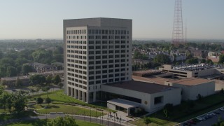 DX0001_001062 - 5.7K aerial stock footage of an orbit of a government office building in Kansas City, Missouri