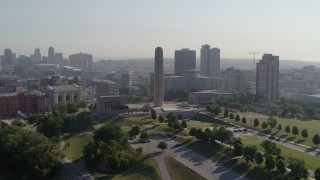 DX0001_001067 - 5.7K aerial stock footage of a stationary view of the WWI memorial in Kansas City, Missouri