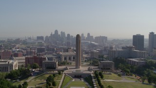 DX0001_001076 - 5.7K aerial stock footage fly away from the WWI memorial and skyline in Kansas City, Missouri