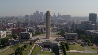 DX0001_001078 - 5.7K aerial stock footage fly toward the WWI memorial and skyline in Kansas City, Missouri