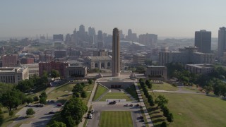 DX0001_001081 - 5.7K aerial stock footage a static view of the WWI memorial and skyline in Kansas City, Missouri