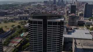 DX0001_001093 - 5.7K aerial stock footage of approaching a Crown Center office building in Kansas City, Missouri