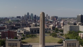 DX0001_001108 - 5.7K aerial stock footage approach the WWI memorial and the Downtown Kansas City, Missouri skyline
