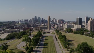 DX0001_001114 - 5.7K aerial stock footage fly away from skyline and the WWI memorial, Downtown Kansas City, Missouri