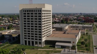 DX0001_001116 - 5.7K aerial stock footage orbit around a government office building in Kansas City, Missouri