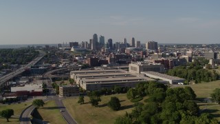 DX0001_001120 - 5.7K aerial stock footage flyby a government office building and city skyline, Downtown Kansas City, Missouri