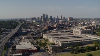 DX0001_001124 - 5.7K aerial stock footage static and reverse view government office building and city skyline, Downtown Kansas City, Missouri