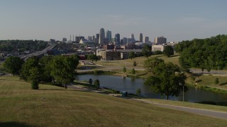DX0001_001131 - 5.7K aerial stock footage of a government building and city's skyline, Downtown Kansas City, Missouri