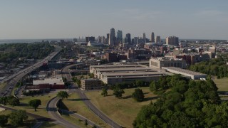 DX0001_001133 - 5.7K aerial stock footage flyby a government building and city's skyline, Downtown Kansas City, Missouri
